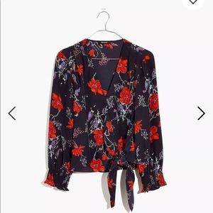 Madewell Silk Smocked-Sleeve Wrap Top XXS NWOT